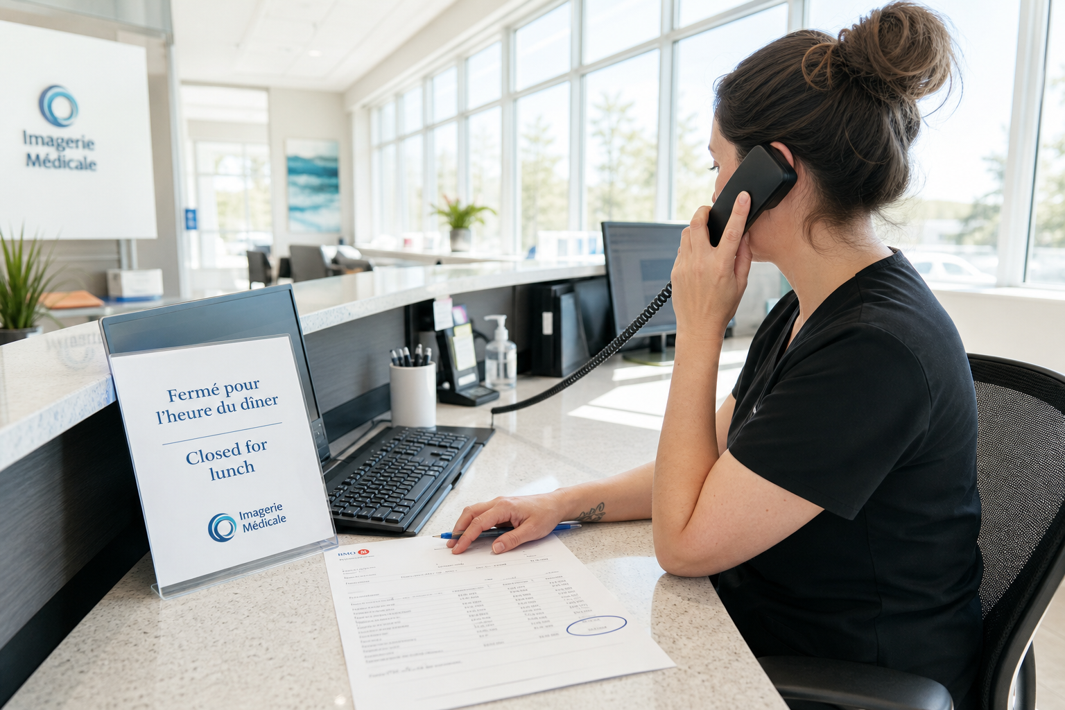 Across the booking counter of a medical imaging clinic, the receptionist holds a phone to her ear with one hand while the