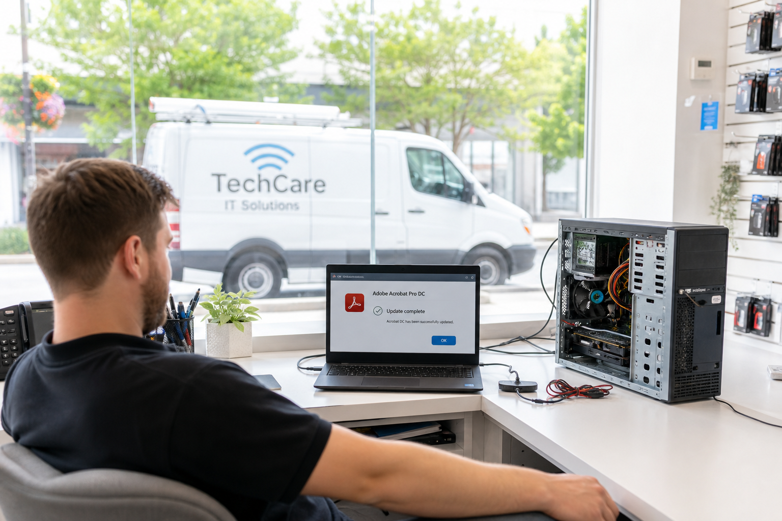 An IT technician sits back from a front desk, a laptop on the counter showing an Adobe Acrobat update that has just