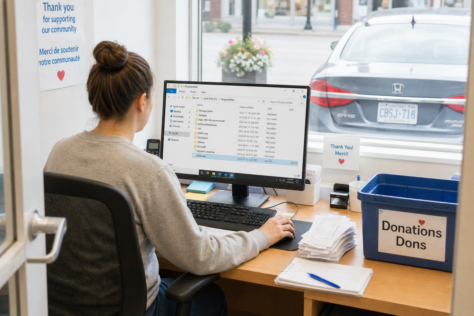 From the doorway of a charity's donation intake room, a volunteer sits at a desk with a window over it looking onto the