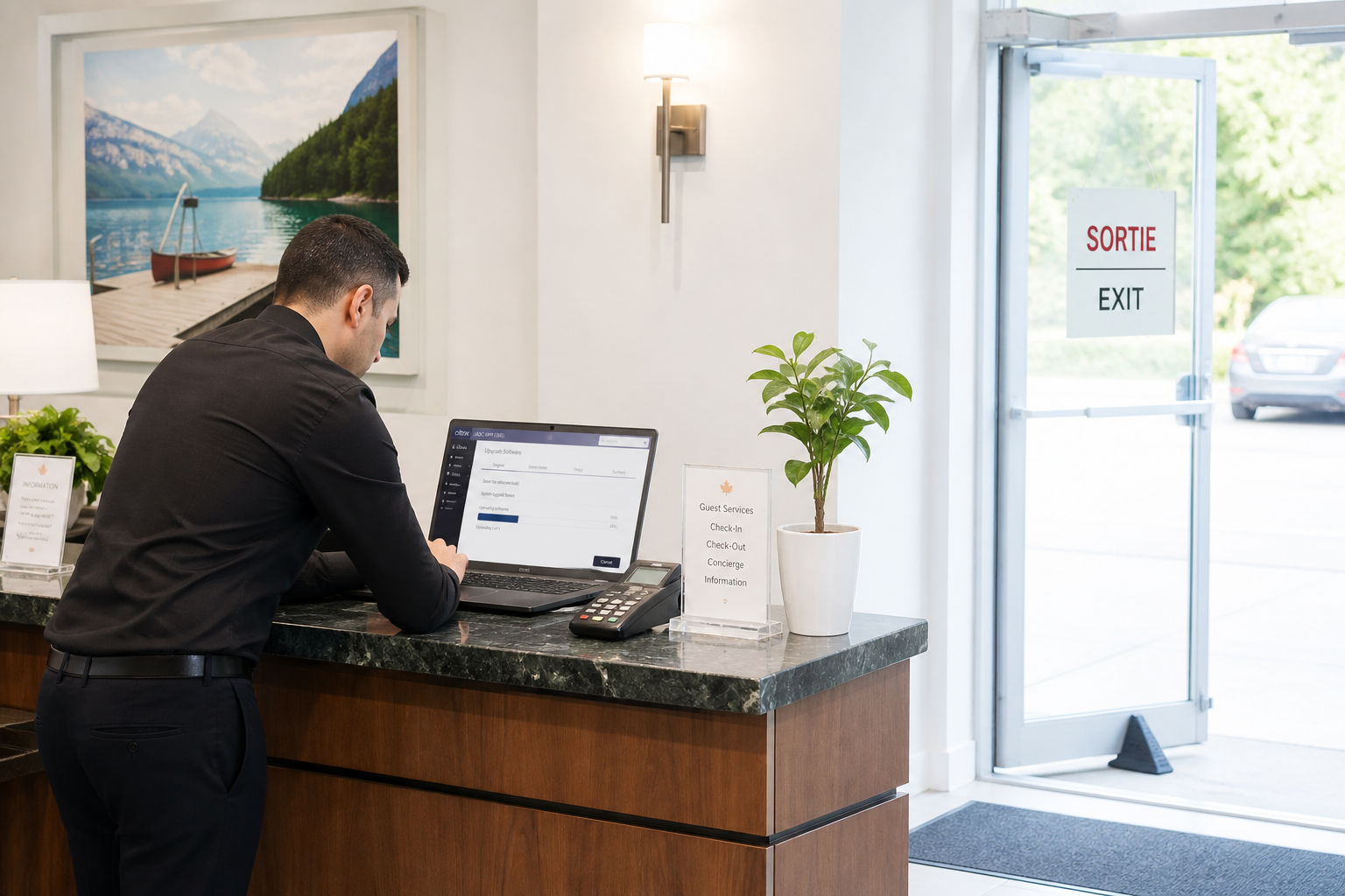 Across the front desk of a mid-sized hotel, the staff member who doubles as IT support is bent over an open laptop, the