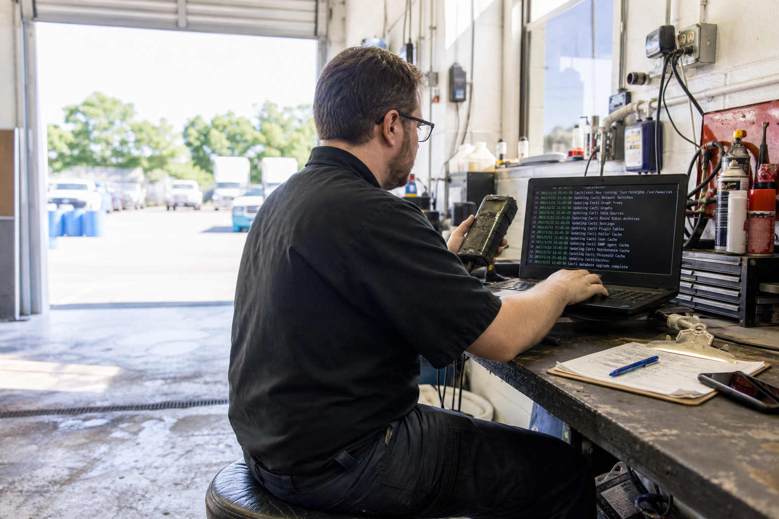 At an independent auto repair shop, an IT technician sits on a rolling stool at a greasy workbench, a laptop open before him