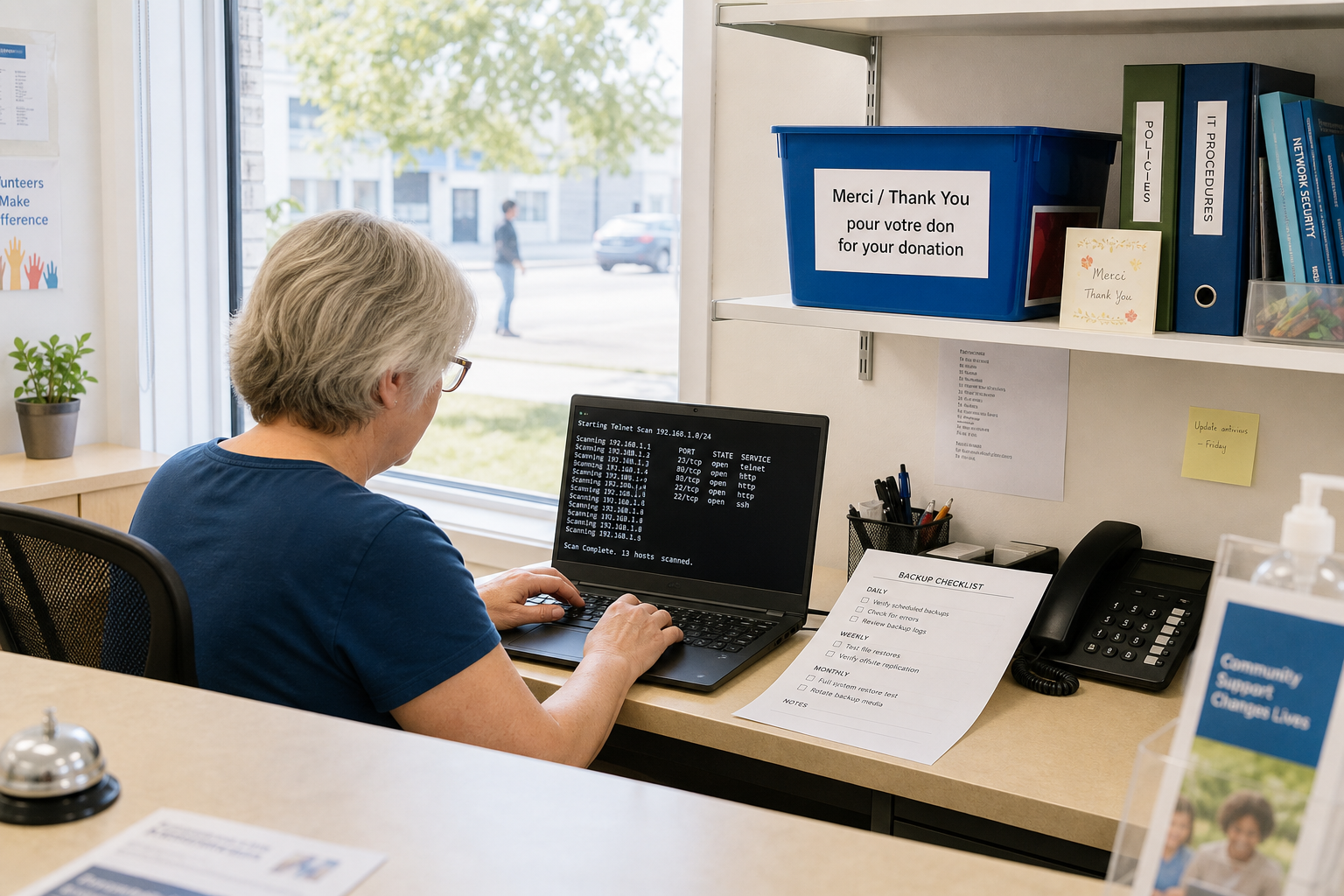 Across the intake counter, the charity's volunteer IT caretaker sits at her desk with the window to the street behind her