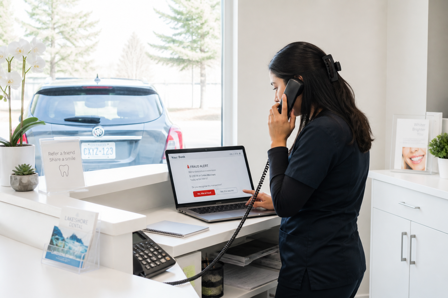 In a dental clinic's reception, the receptionist stands at the counter, phone pressed to her ear, scrolling through a bank's