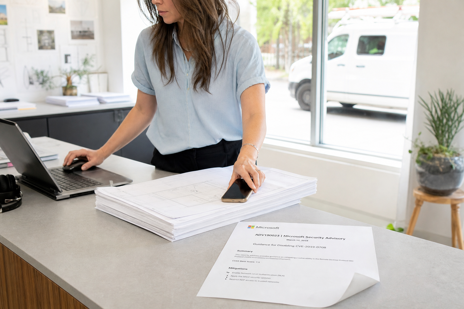 Across the counter of a small architecture studio, the office manager sets a phone down on a stack of printed yardsheets