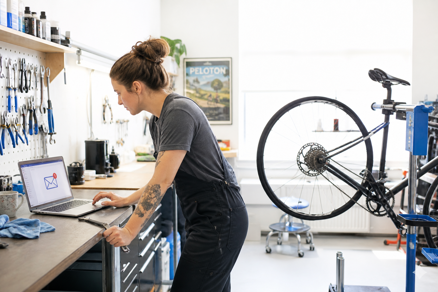 In a bike shop’s repair bay, a mechanic sets down a wrench to lean over a laptop on the workbench, the screen glowing with