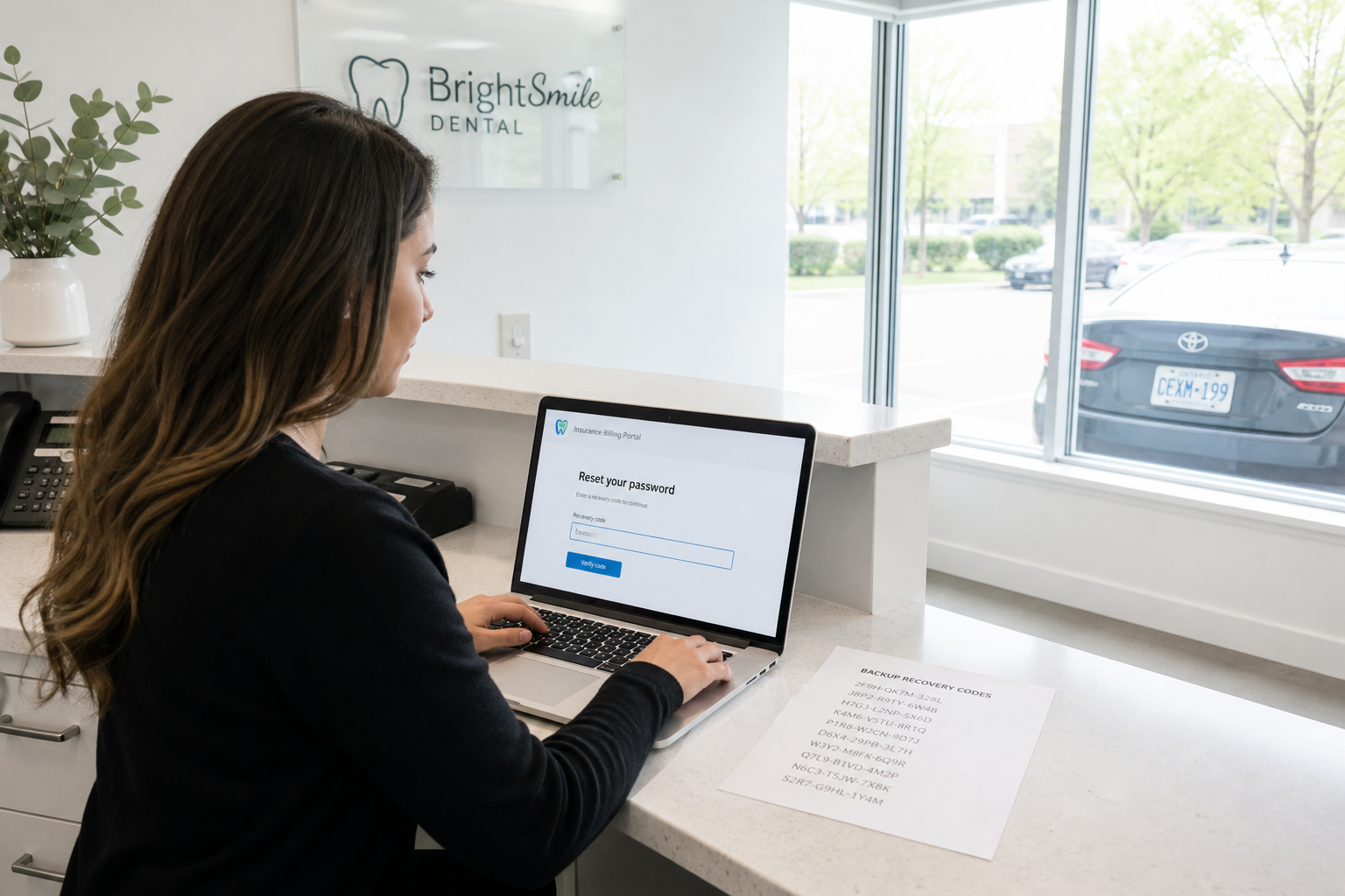 Across the front desk of a dental clinic, the office manager has her laptop open to a password reset page for the practice's