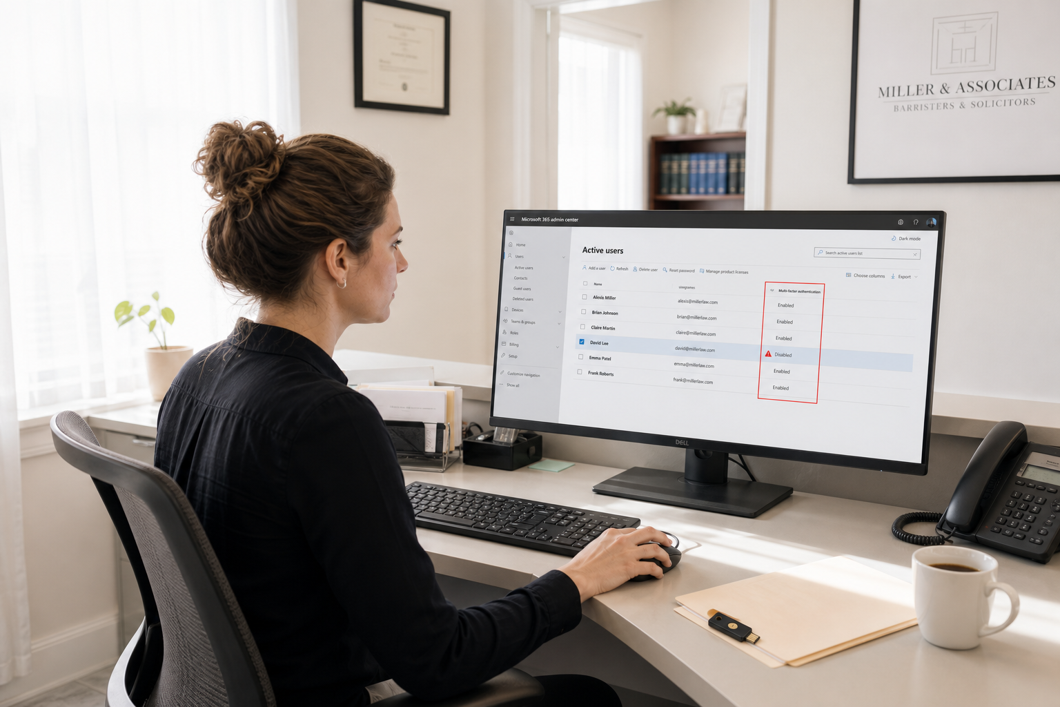A small law-firm staff member sits at the reception desk of a two-room office, in front of a monitor showing the Microsoft