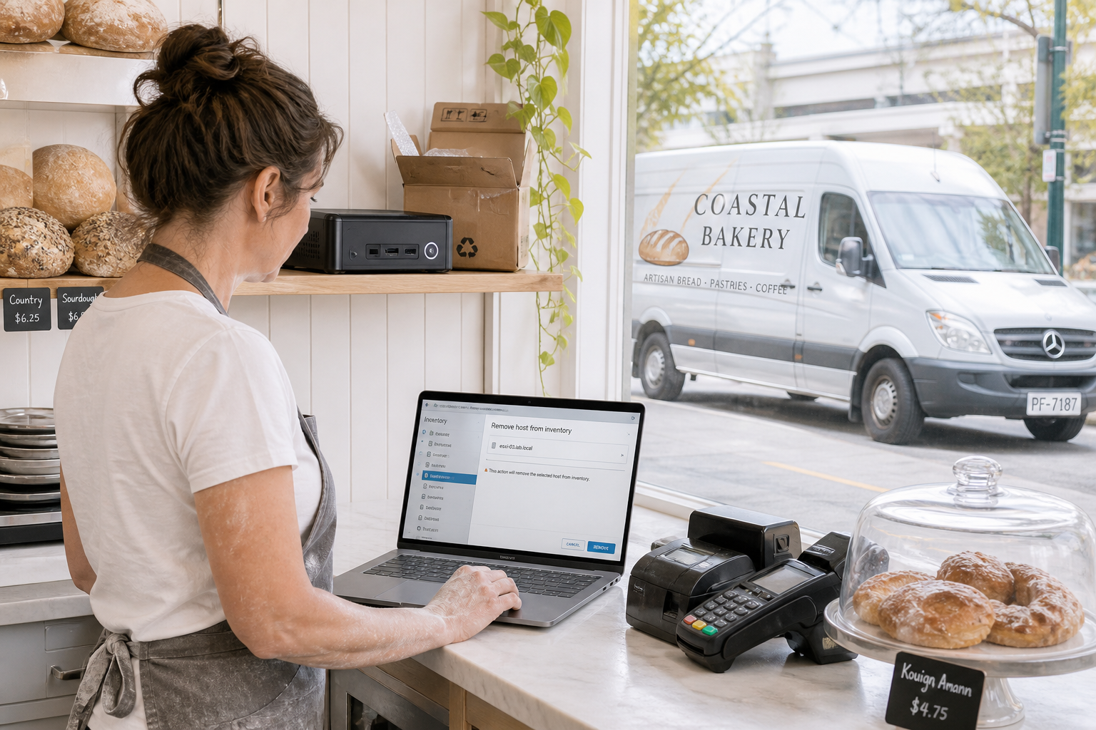 In an early-morning bakery, the owner works at the counter behind the till, her flour-dusted hand on the trackpad of a