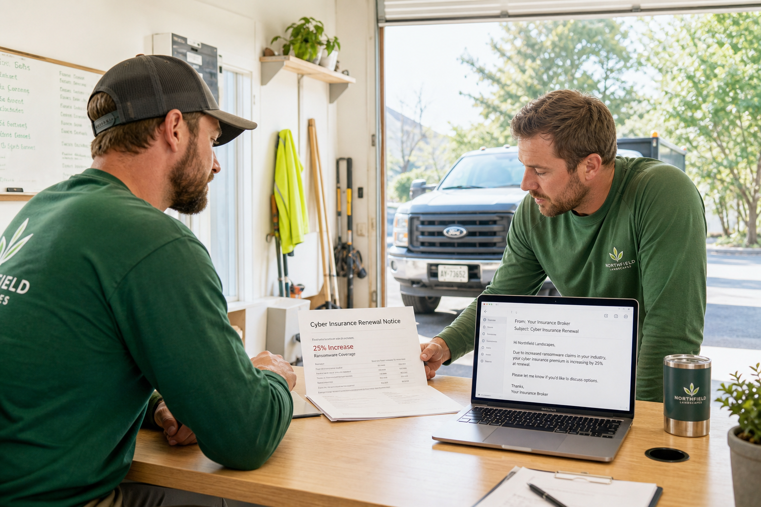Two landscaping staff talk over a desk where a cyber insurance renewal notice lies open beside a laptop showing an email