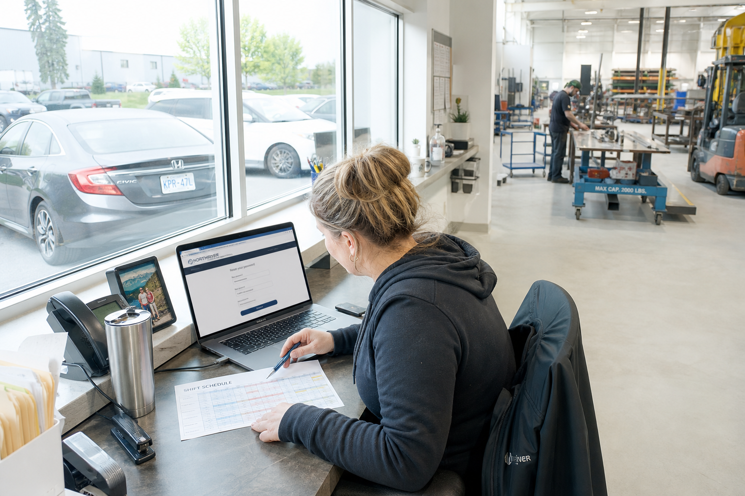 A wide view of a custom metal fabrication shop's supervisor station: the desk and counter stand against the window that