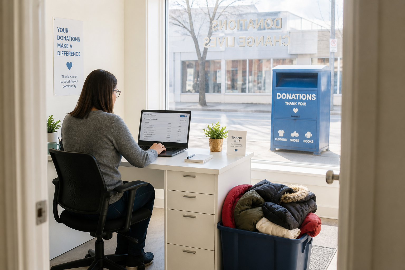 Through the doorway of a charity's donation intake room, a staff member sits at a desk by the glazed shopfront, laptop open