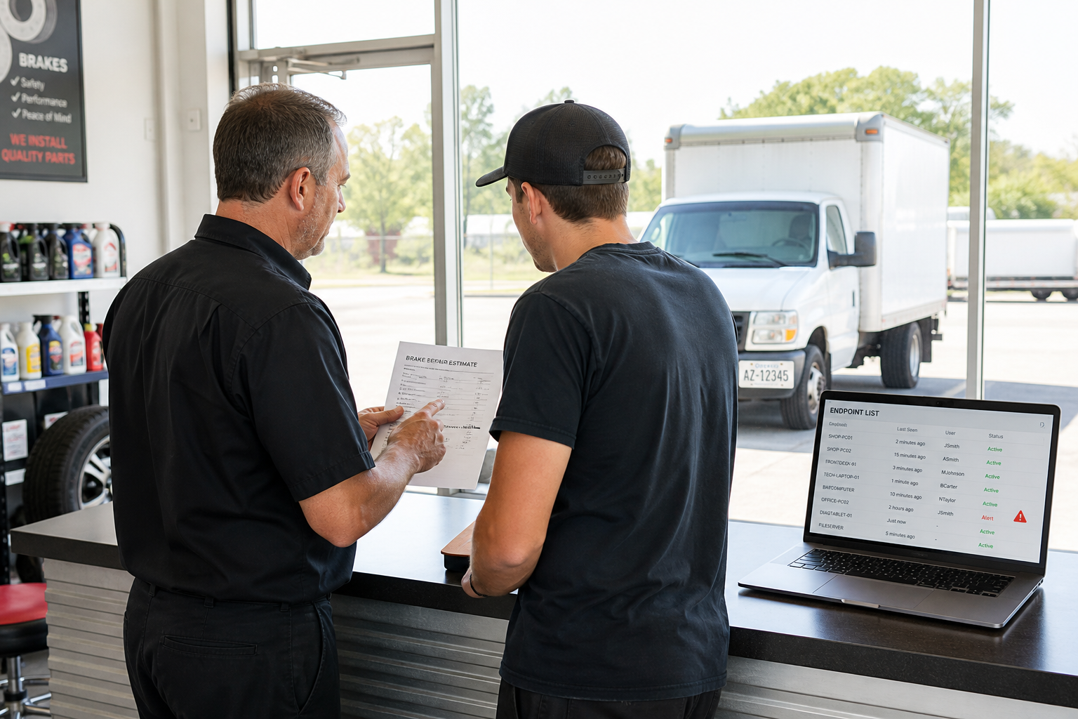 In an independent auto repair shop, the owner and a mechanic stand at the counter talking over a brake repair estimate, both