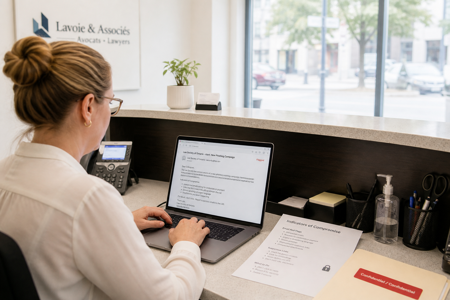 Across the reception counter of a small law office, the office manager works at the desk, laptop open to a flagged email