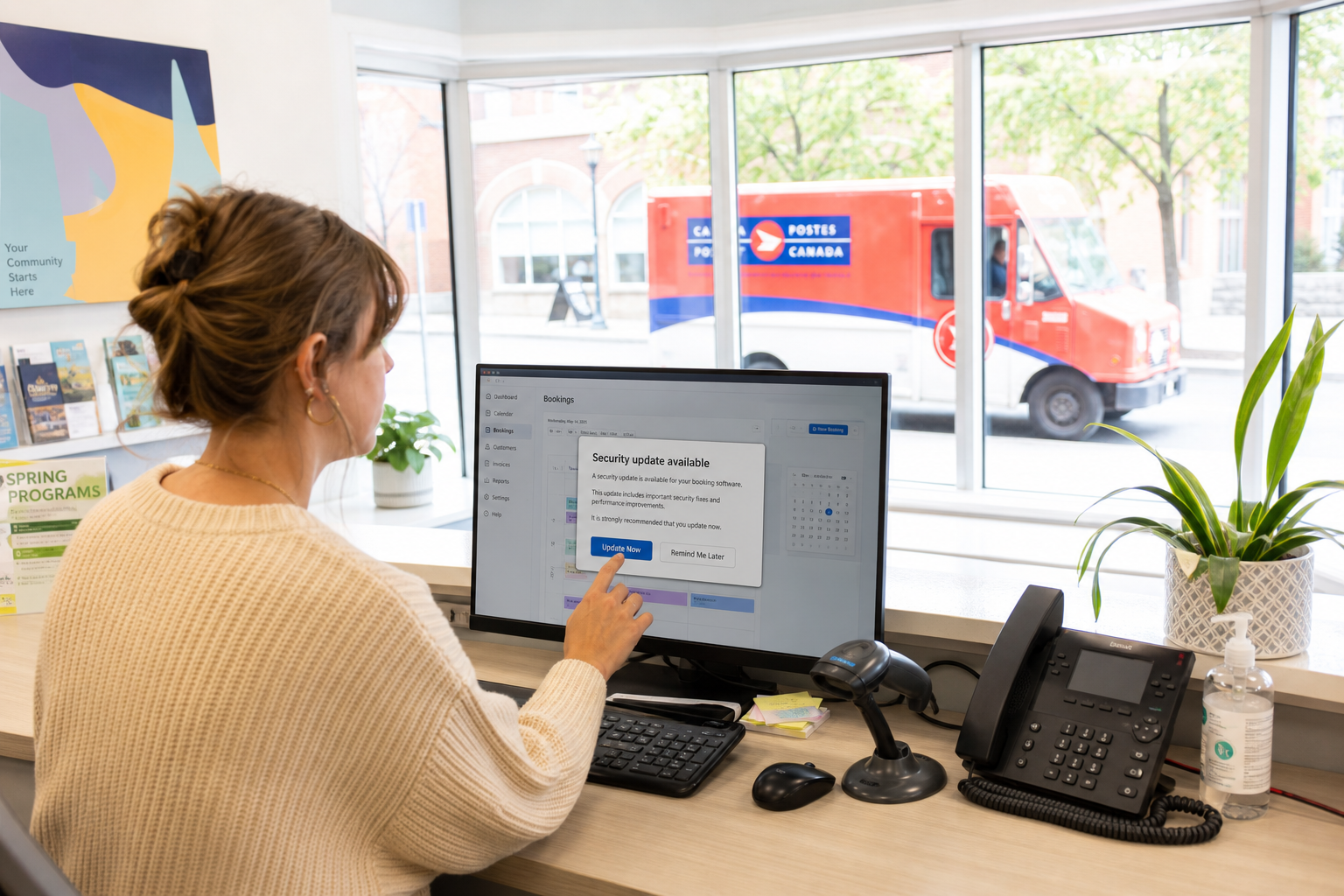 In the community centre’s front office, the receptionist clicks “Update Now” on the prompt for a pending security patch to