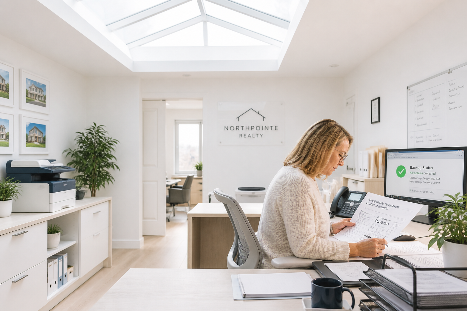 In a wide shot of the real estate brokerage's back office, the office manager works alone at a desk beneath a skylight above