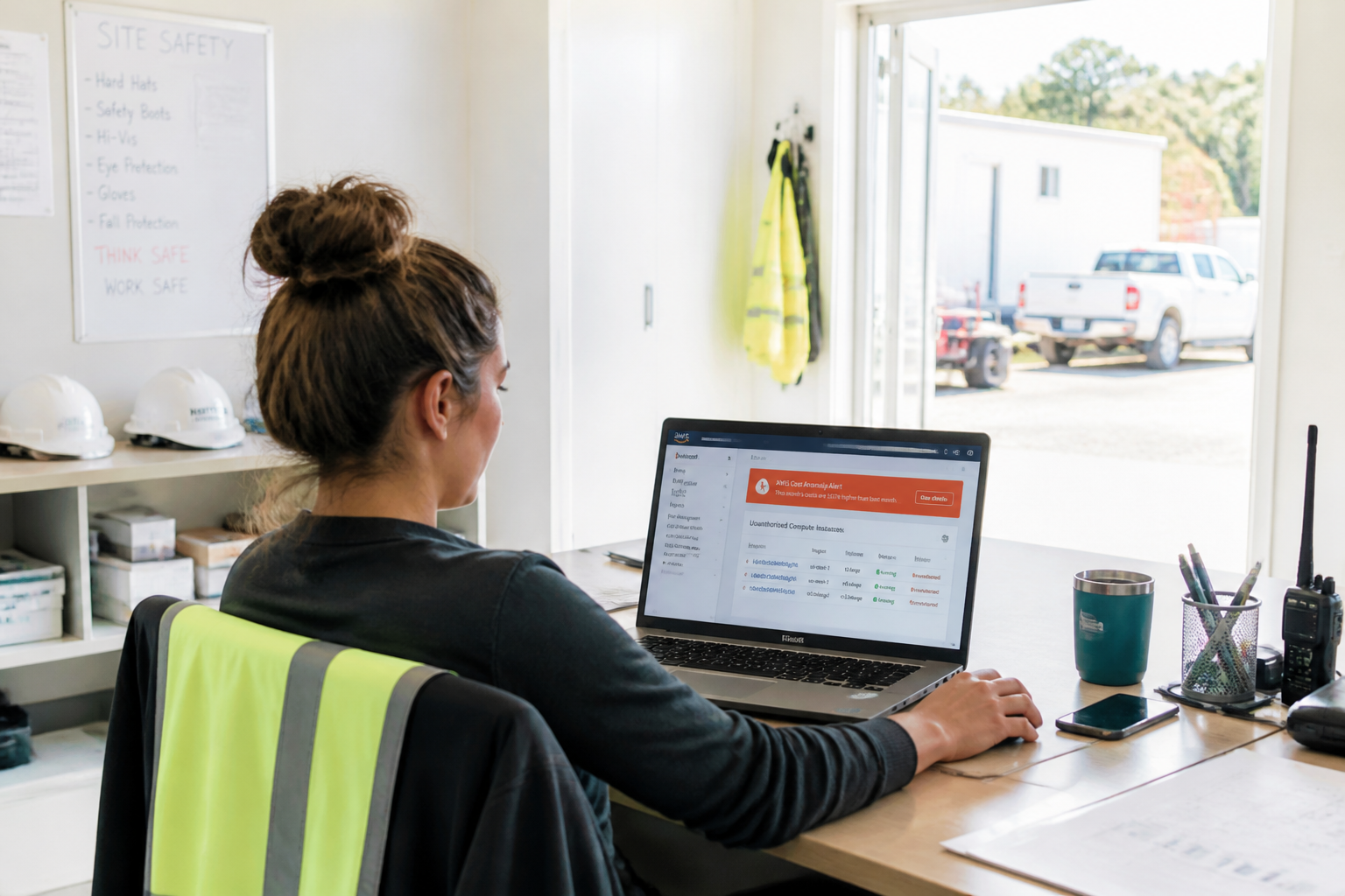 In the site trailer of a construction company, the one staff member who handles the computers leans back from a laptop open