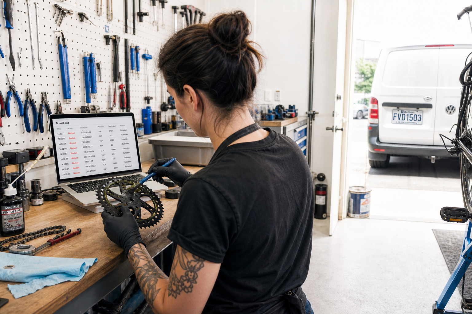 Over the shoulder of a bike mechanic at the workshop bench, she greases a chainring while on the laptop propped beside her