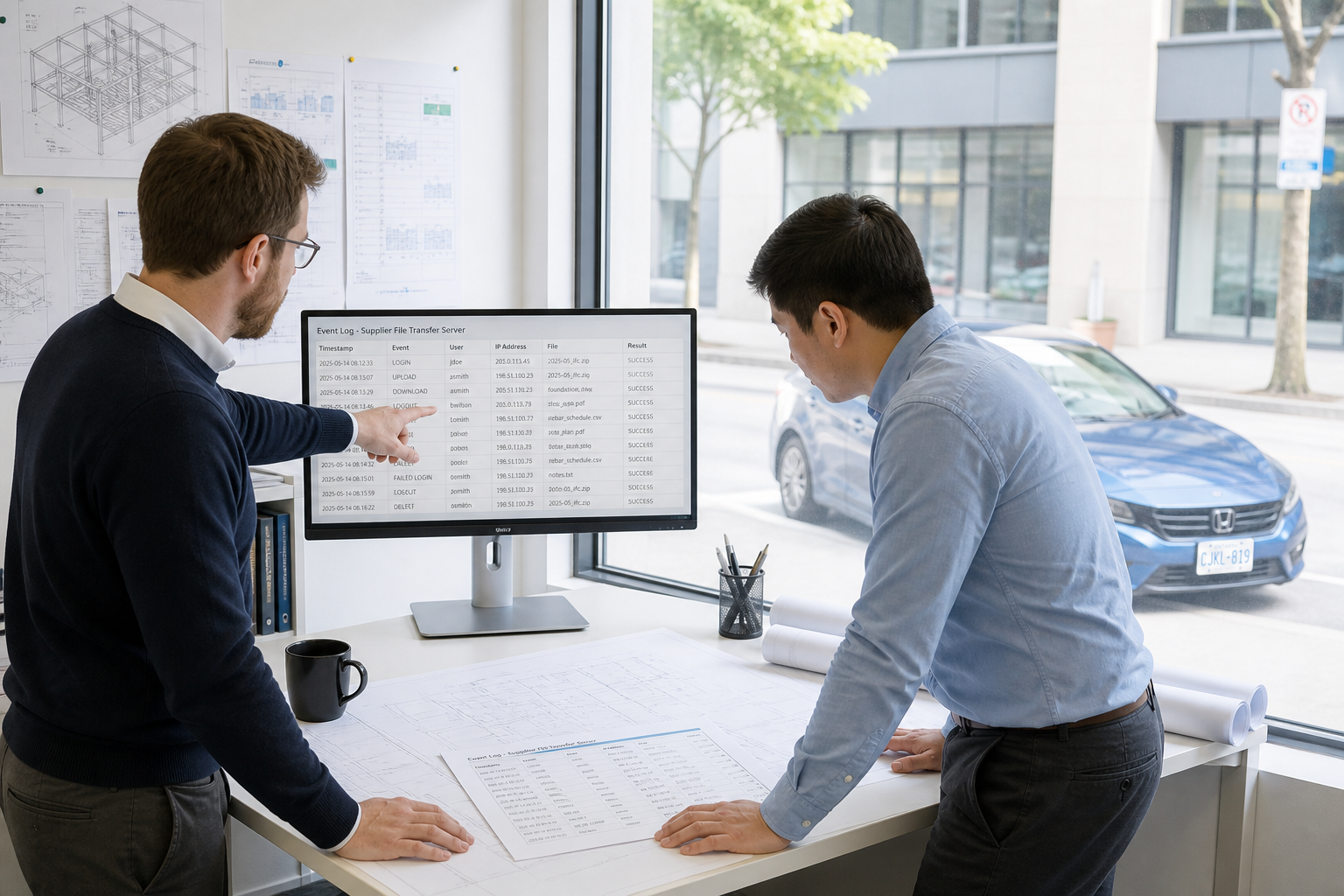 In the drawing office of a structural engineering consultancy, two engineers stand over a desk by the street-side window