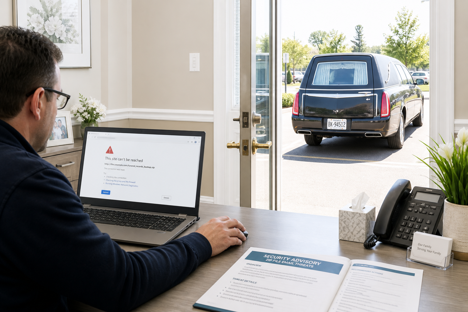 In a funeral home's arrangement office, the staff member who looks after the computers sits at the desk, one hand on the
