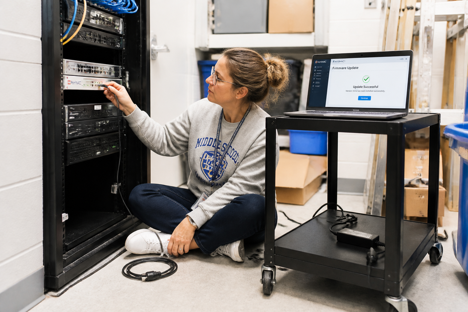 A middle school secretary sits cross-legged on the dusty floor of a supply-closet-turned-server-room, a laptop open on a