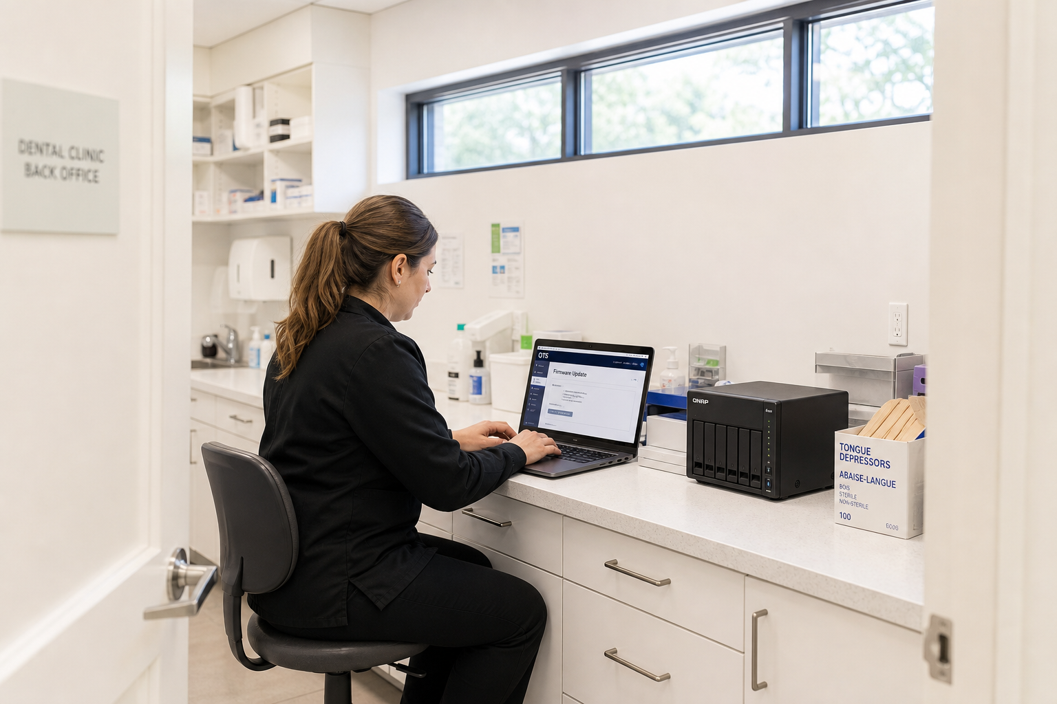 Through the doorway into the dental clinic’s back office, the office manager works at a laptop open to the QTS firmware