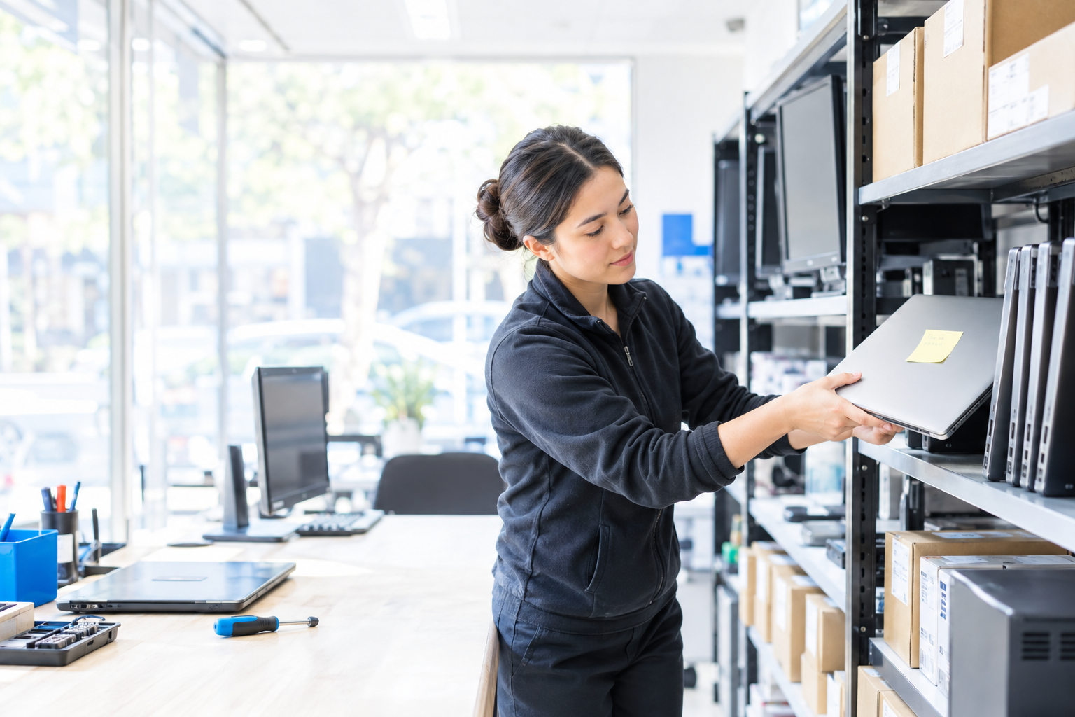 A technician slides a laptop with a sticky note onto a shelf of devices in a bright MSP workshop.