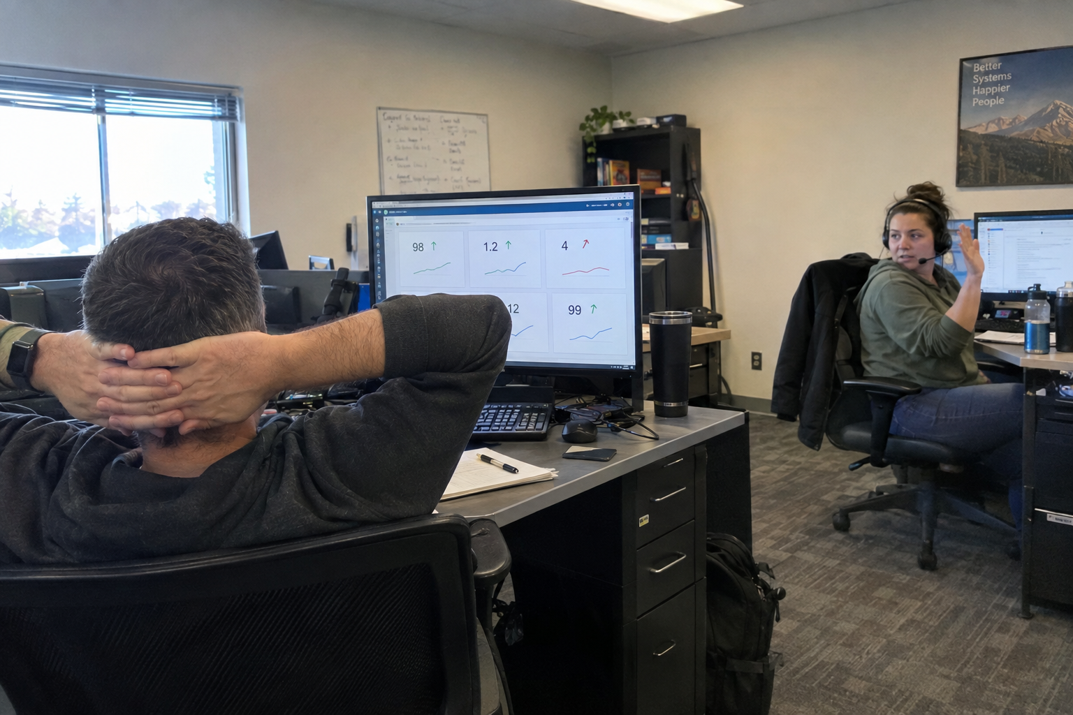 An owner leans back in his chair, hands behind his head, reading a one-page dashboard of five coloured numbers.