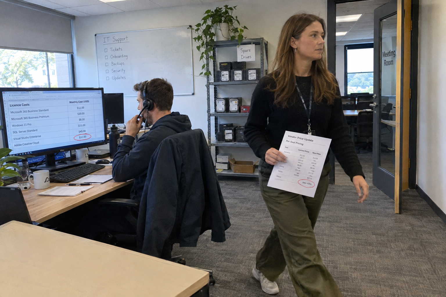 An MSP owner reviewing a vendor invoice and a renewal agreement side by side at a desk.