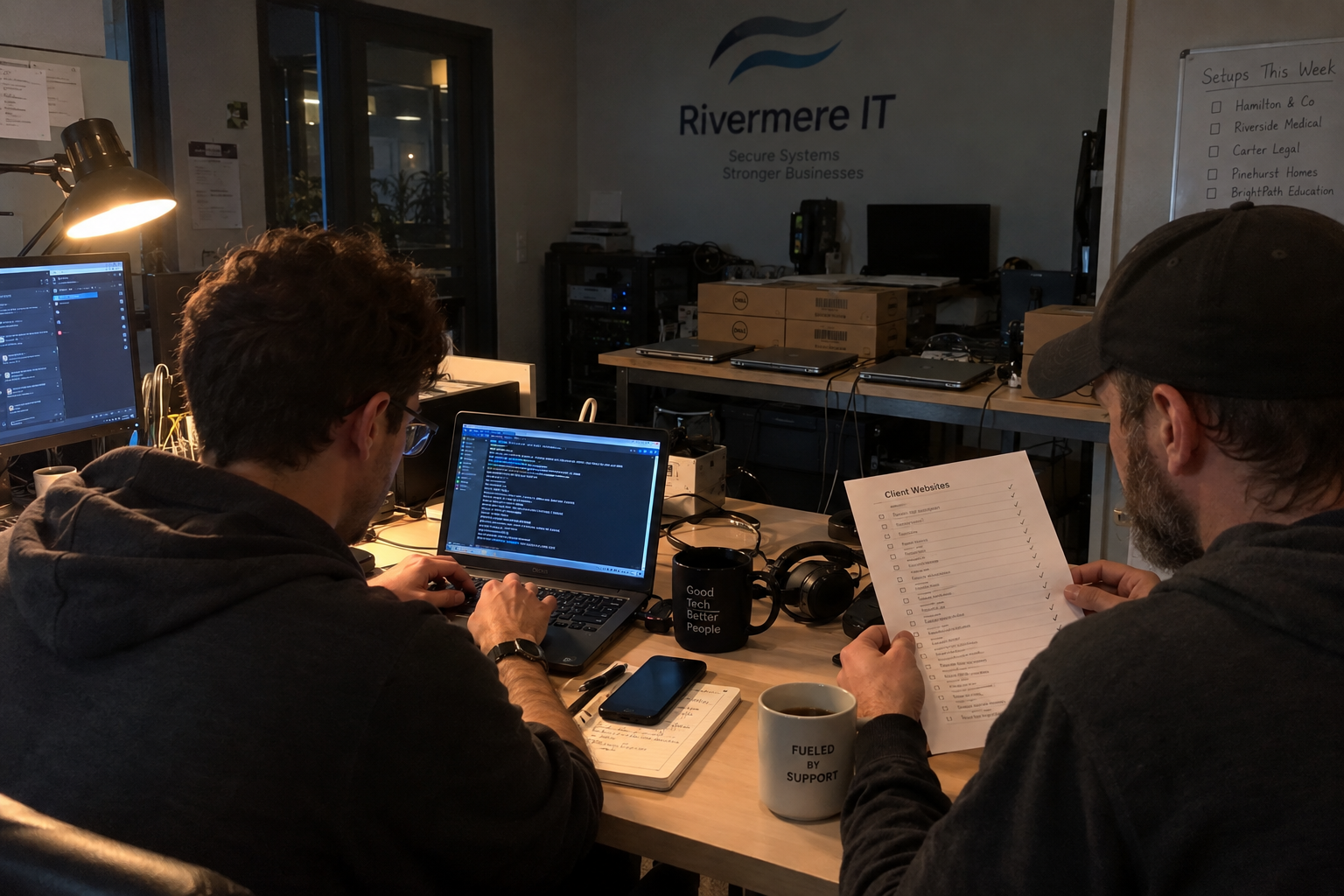 Two MSP technicians at a desk in the evening, one at a laptop terminal, the other checking a printed list of client sites