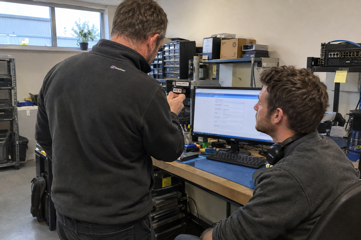 A technician points at a laptop screen while a colleague looks on at a workbench