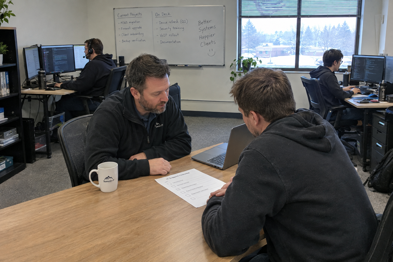 A manager leans over a seated tech and points to a checklist on a small board at her desk in an open office.