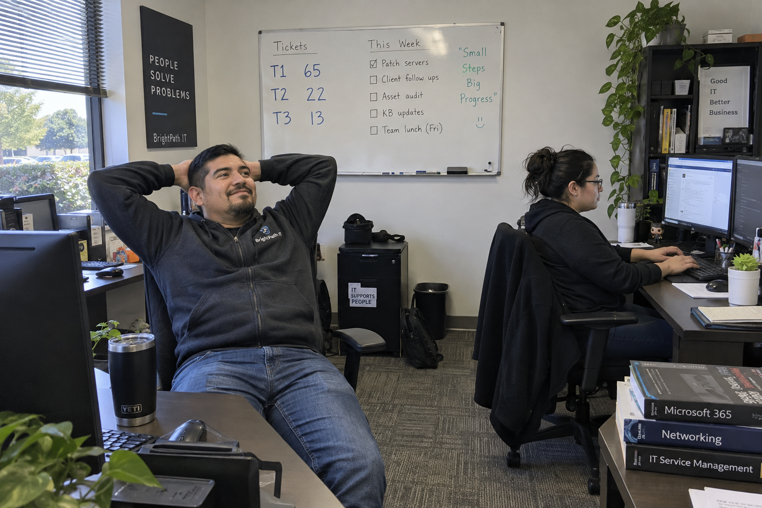 MSP technicians beside a tier-mix whiteboard illustrate a shift left service desk.