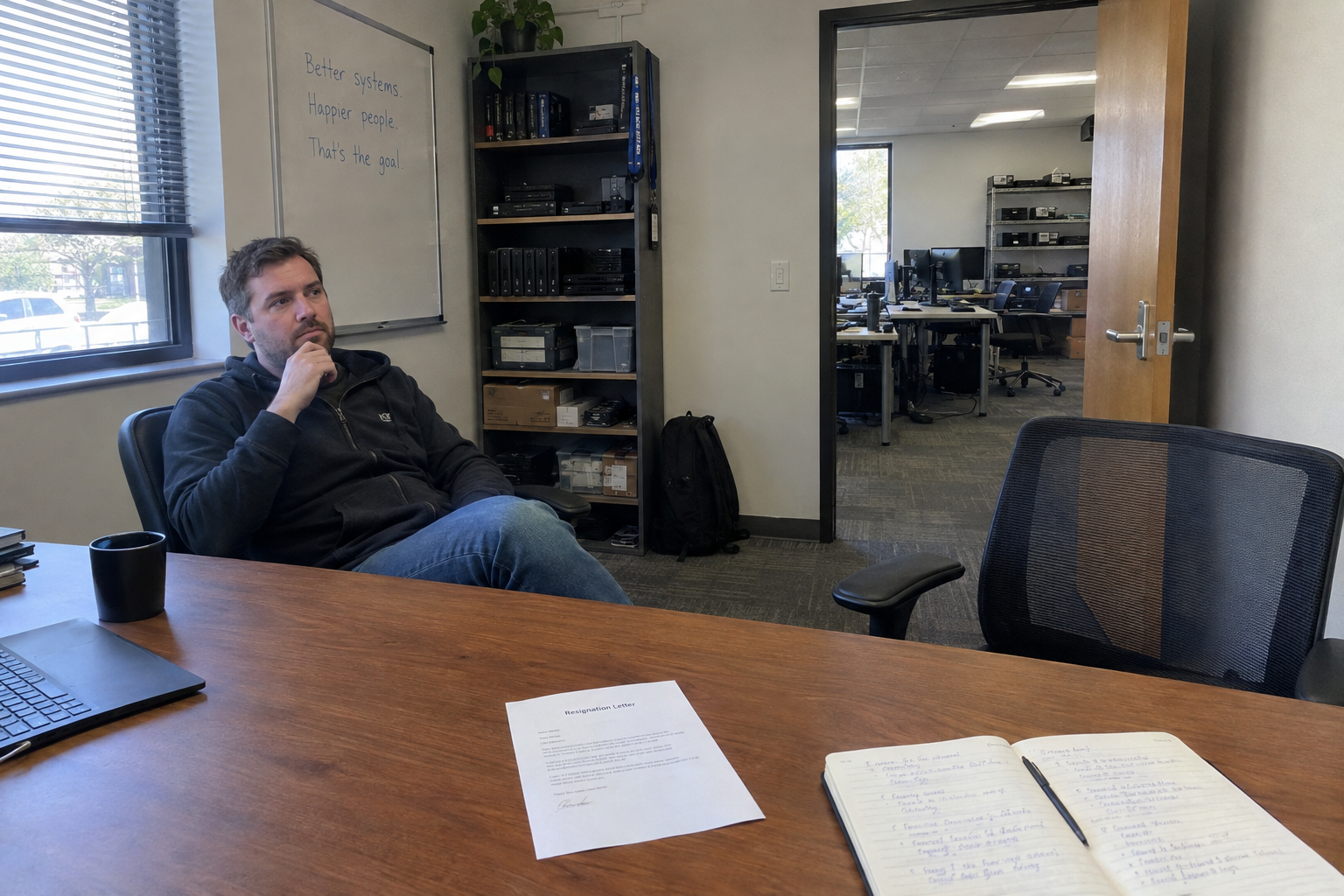An owner sits across a desk from a technician who looks down beside a box of his packed belongings.