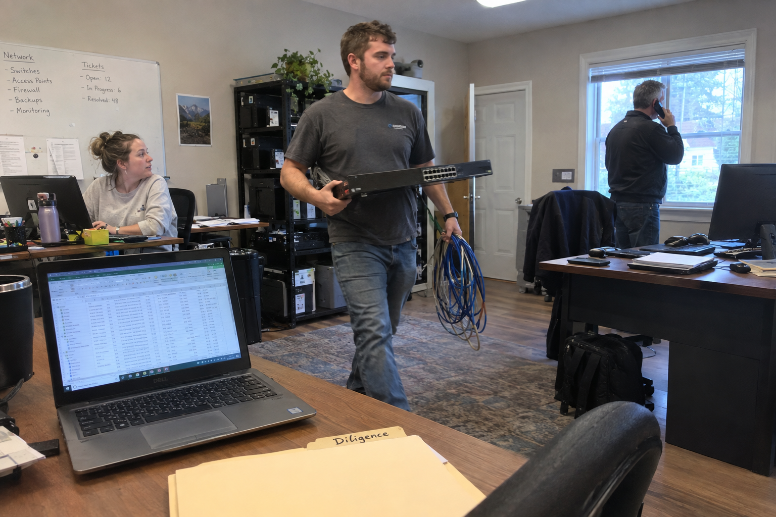 A technician docks a laptop at his desk while a colleague carrying a tabbed folder walks past behind him.