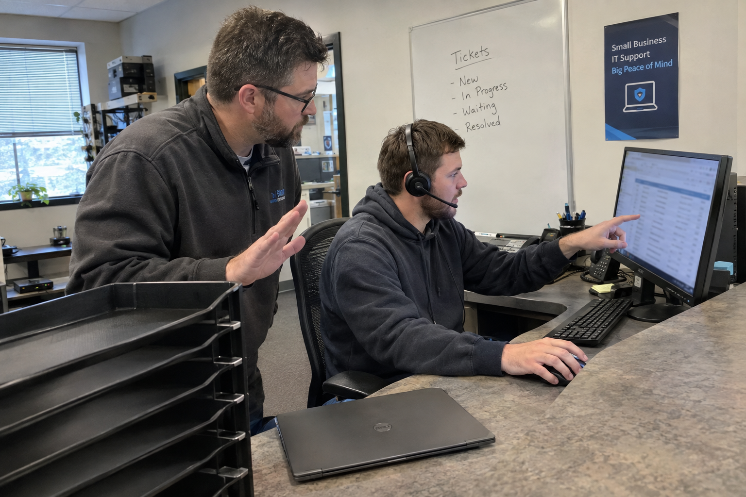 A senior technician points at a ticket board on a monitor as a seated colleague moves a ticket between columns.