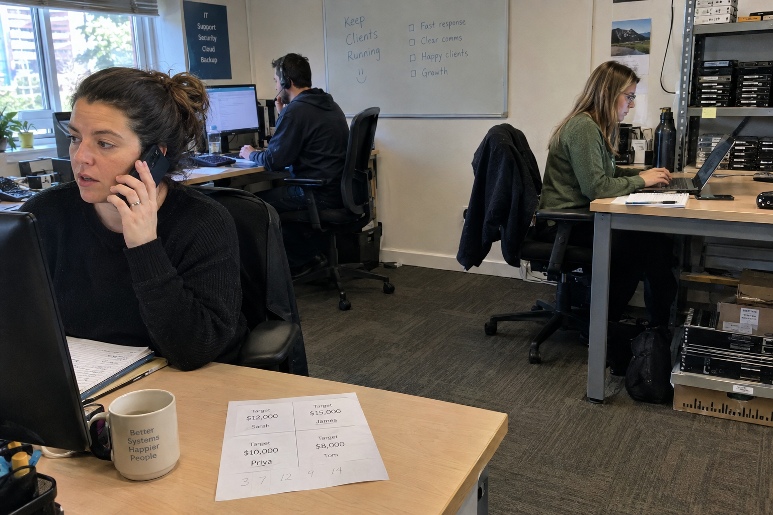 A woman on a desk phone gazes out the window, a sheet divided into four named boxes on the desk in front of her.