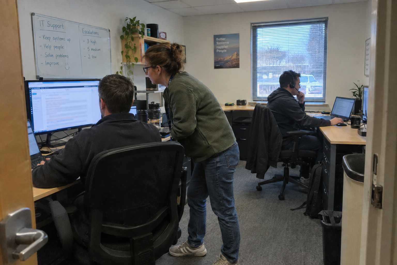 A technician at a desk studies a ticket on his monitor while a manager stands beside him with her arms folded.