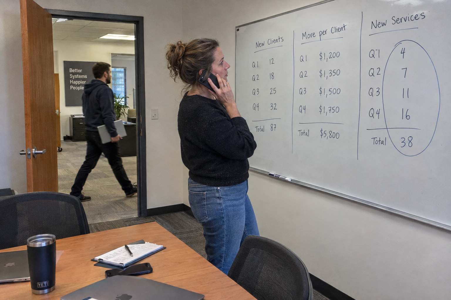 A woman on a phone call reviews figures on her laptop while a colleague works at a desk behind her.