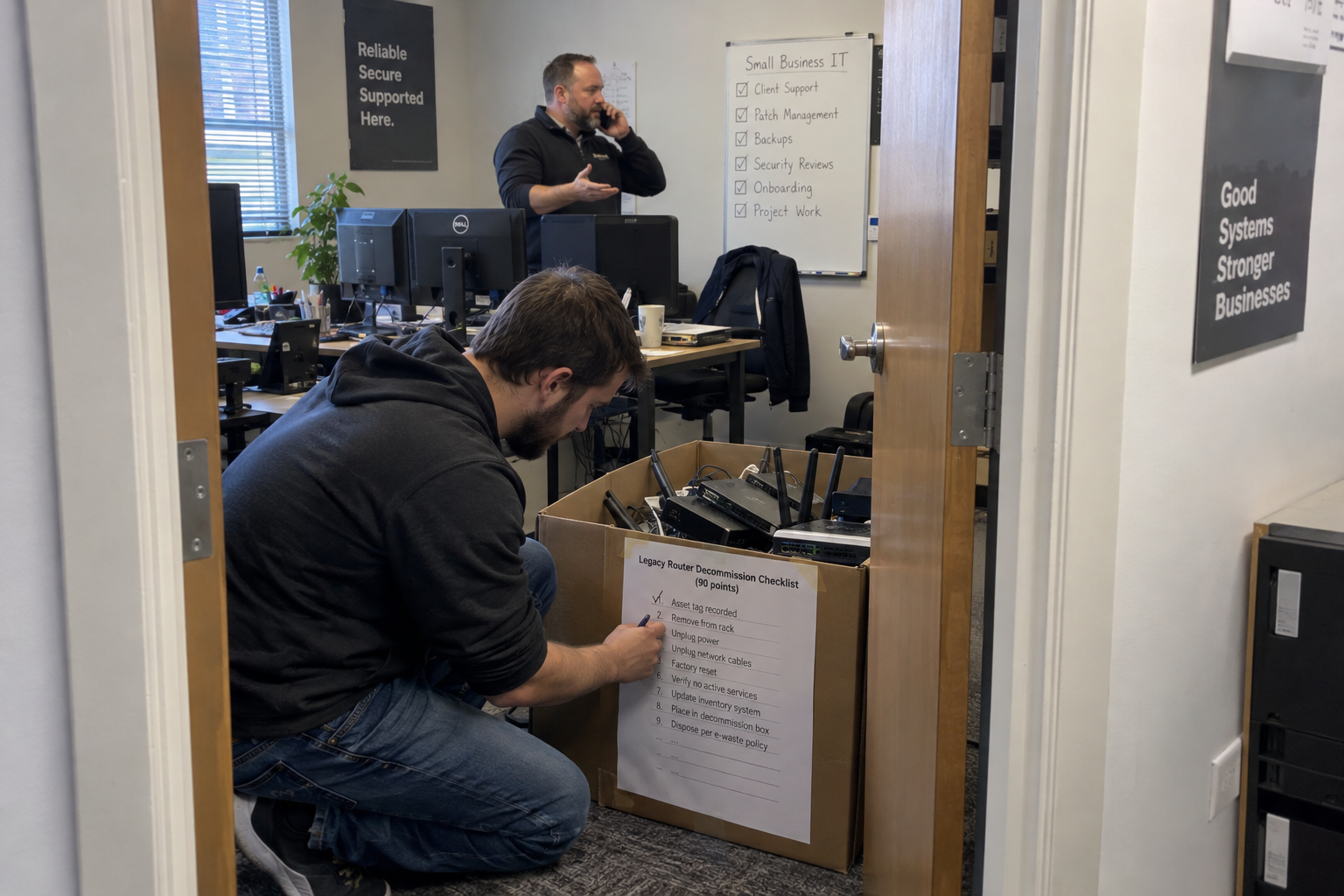 A technician checks off a router decommission checklist while a colleague takes a call in an MSP office.