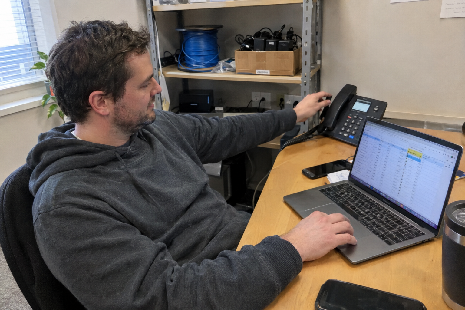 An owner on the desk phone reviews a client spreadsheet on his laptop while a colleague looks over.