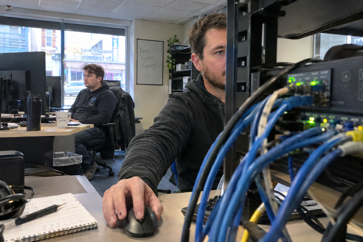 A technician plugs a cable into a laptop beside boxed SSDs while a colleague takes a phone call behind him.