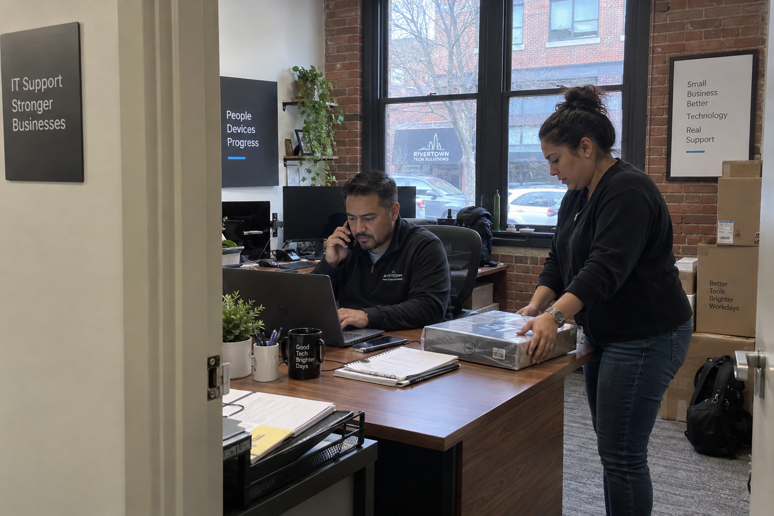 An IT technician takes a call at his laptop while a coworker sets a new Dell device box on his desk.