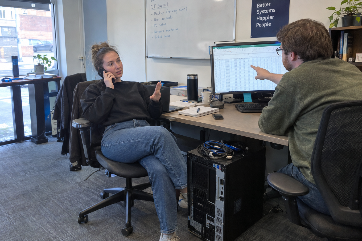A woman in a blue shirt talks on her phone at an office desk beside a laptop showing a spreadsheet.