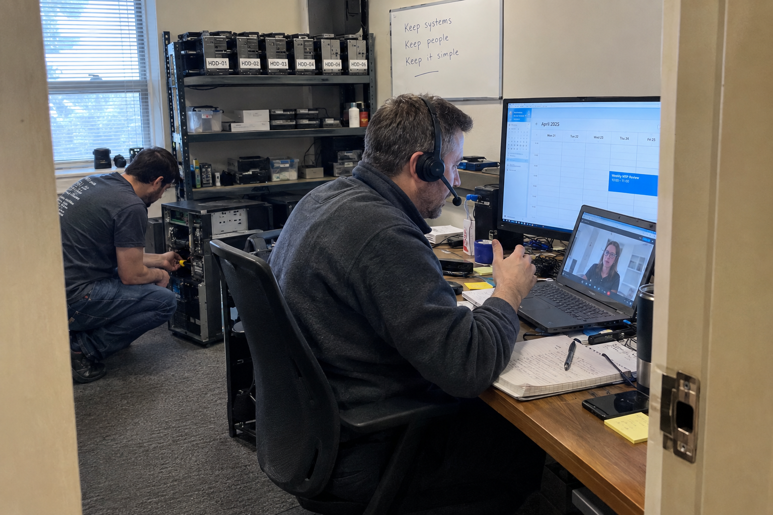 A technician at a new client's office with a laptop, a checklist and a wall calendar showing four weeks.