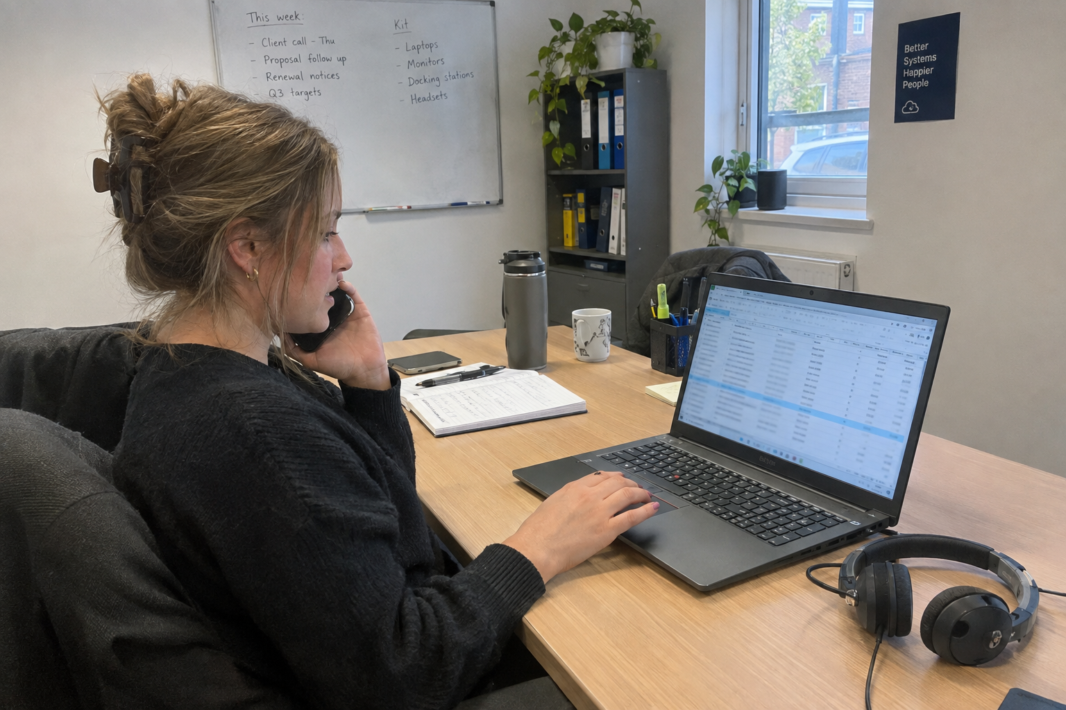 A woman on a desk phone works through a checklist spreadsheet on her monitor as a colleague takes a call behind her.