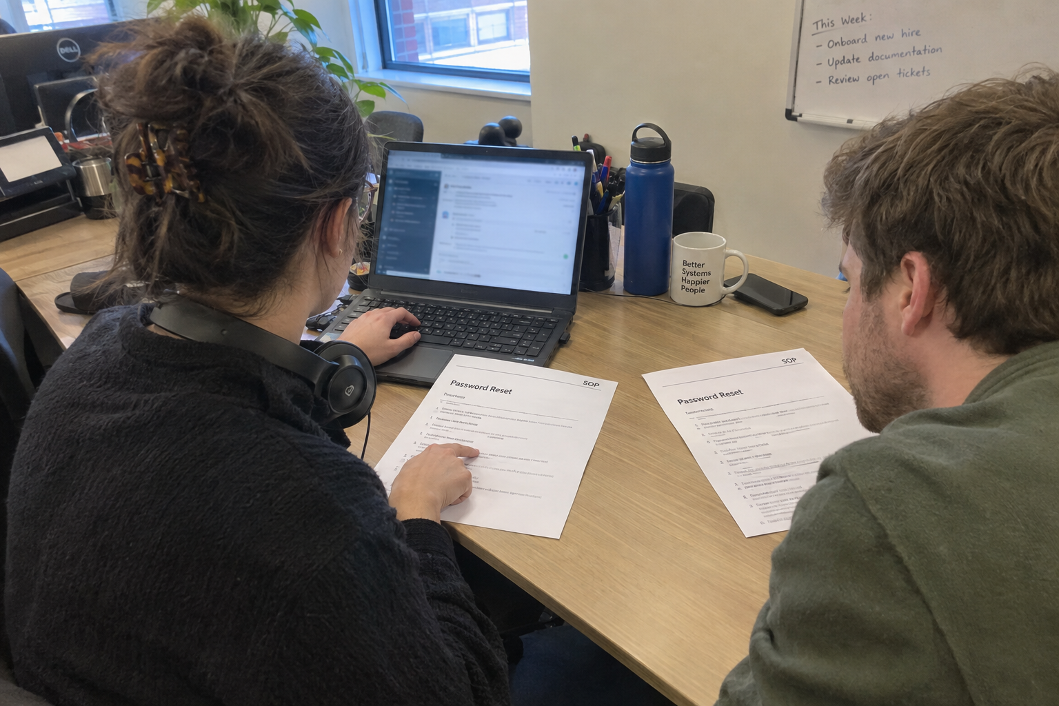 Two technicians review a printed one-page ticket triage SOP in front of a monitor showing a ticket queue.
