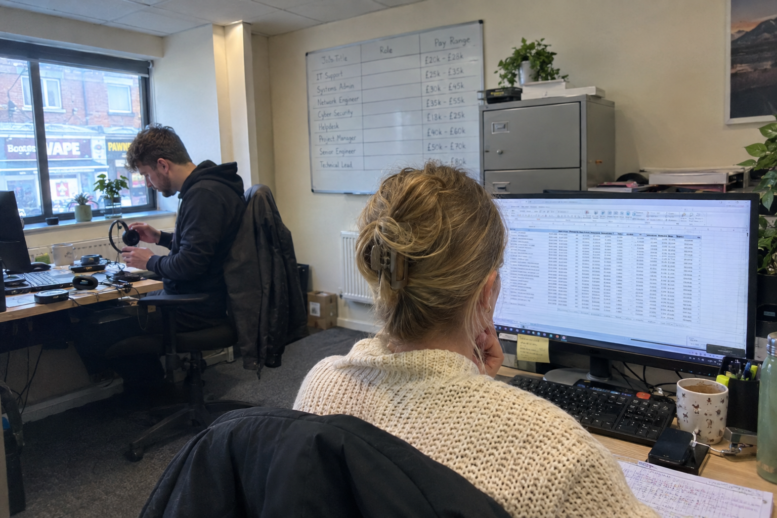 A technician points at a salary range table on her monitor while a manager leans in over her shoulder.