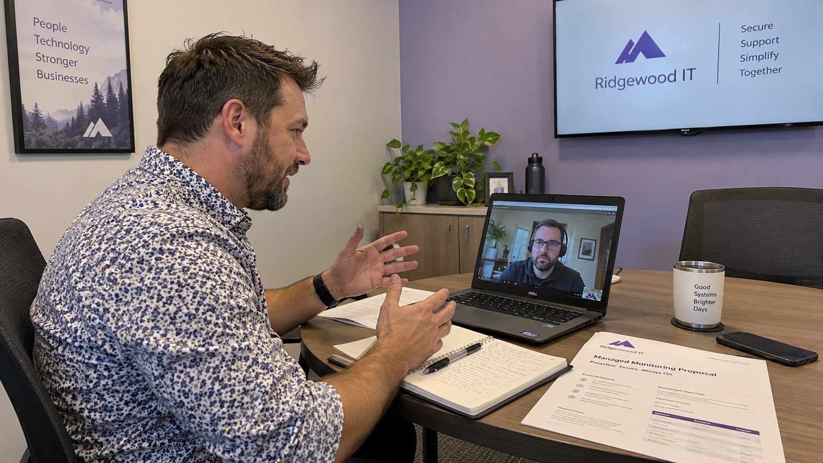 MSP owner discusses an outsourced NOC proposal with a monitoring provider on a video call