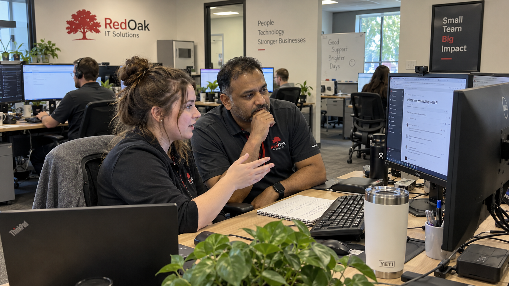 MSP service manager coaches a technician while reviewing a support ticket at the desk