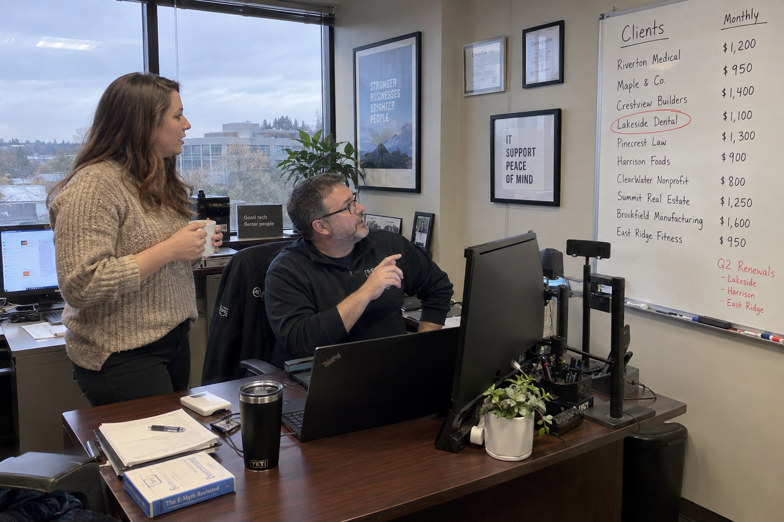 MSP owner and colleague review client accounts and monthly fees when deciding when to fire a client